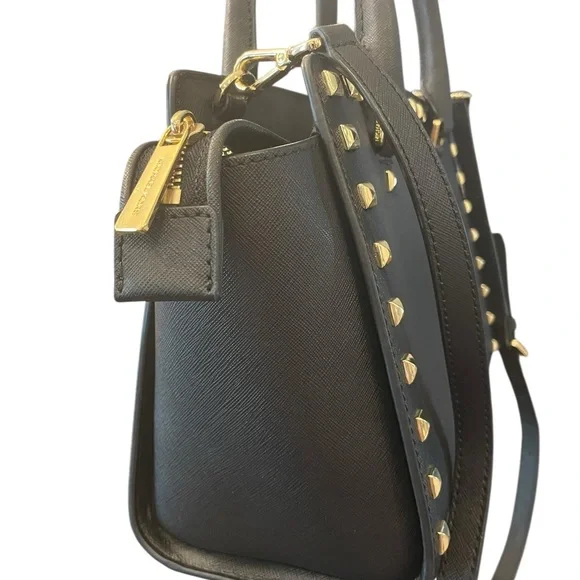 Michael Kors Black Studded Saffiano Leather Satchel‎ Crossbody Medium Purse Bag - Picture 4 of 15